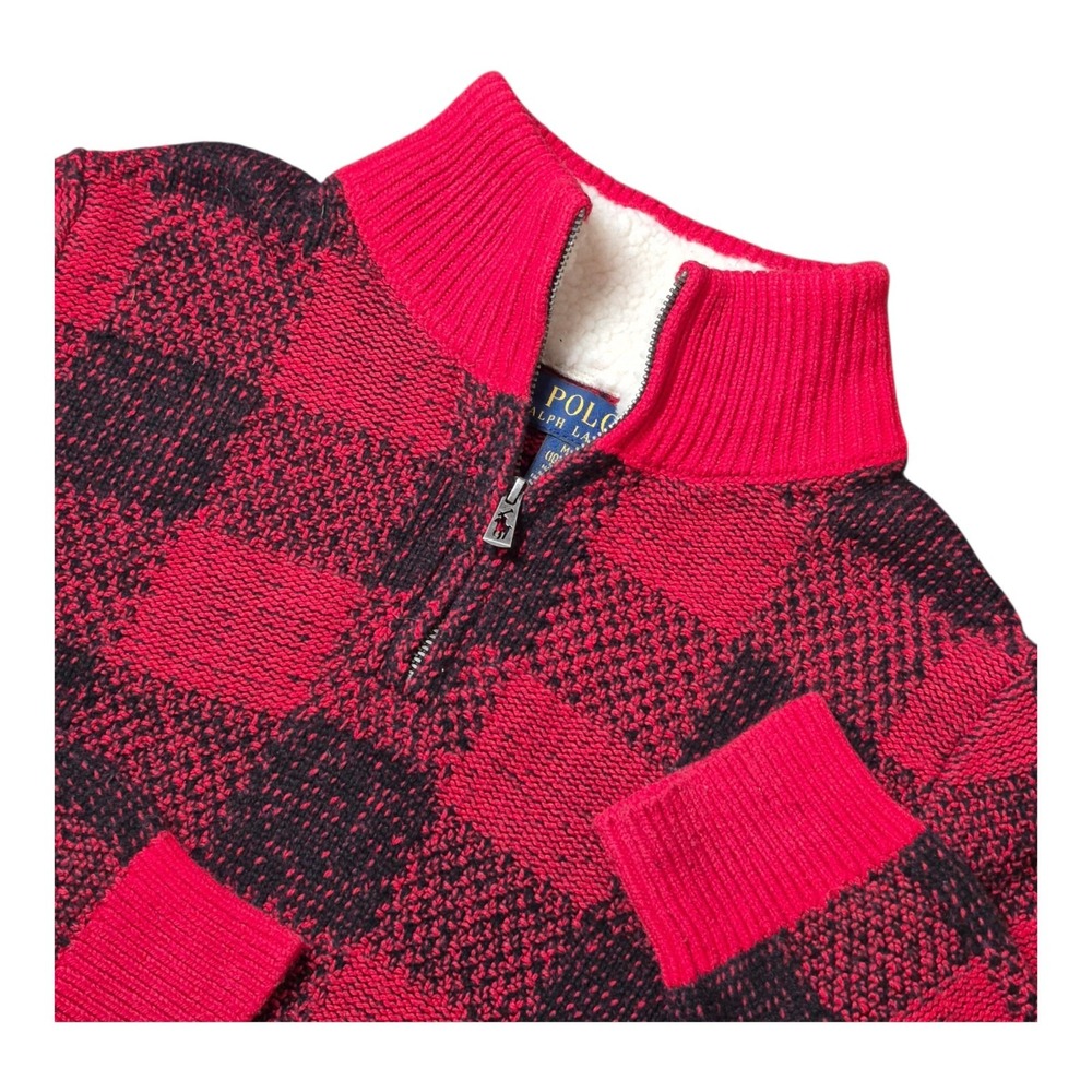 Polo‎ Ralph Lauren Boys M 10-12 Wool Blend Buffalo Plaid 1/4 Zip Sherpa Sweater